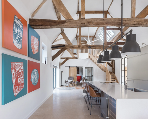 modern kitchen in a rustic barn