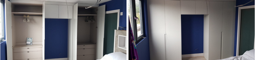 Photo series showing built-in white and navy wardrobe storage options