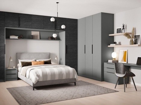 grey bedroom with overhead storage
