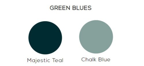 Green Blues color palette featuring Majestic Teal and Chalk Blue swatches