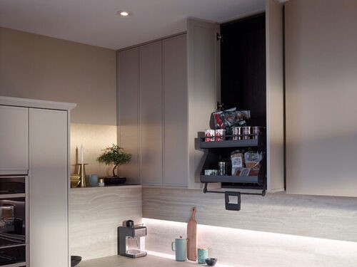 Pull-down cabinet storage rack with spices and pantry items