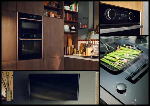 Modern kitchen collage showing brown cabinets, appliances, and asparagus cooking