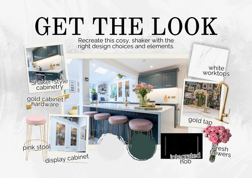 Design mood board for green shaker kitchen with pink and gold accents