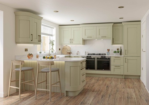 shaker style kitchen with ribbed and curved island and wooden features