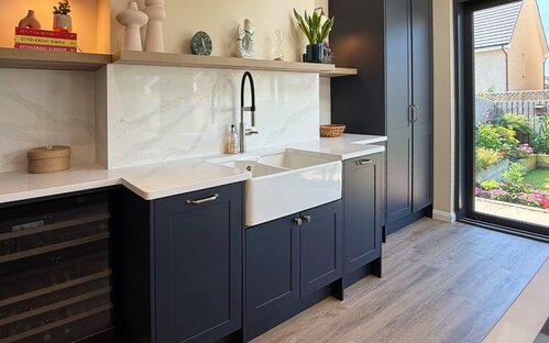shaker kitchen with white quartz worktop