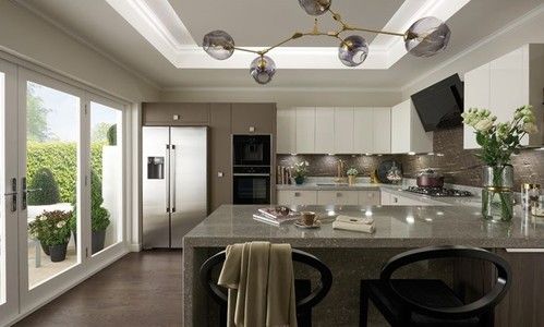 Image of the Porter Porcelain Matt Kitchen design by Second Nature featuring a variety of brass accessories that complement the colour scheme.