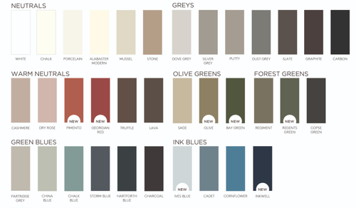 Image of the extensive bedroom colour palette with 35 different matt colours, all available to order.