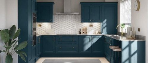 blue shaker kitchen with patterned splashback