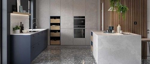 grey and blue modern kitchen with fitted ovens