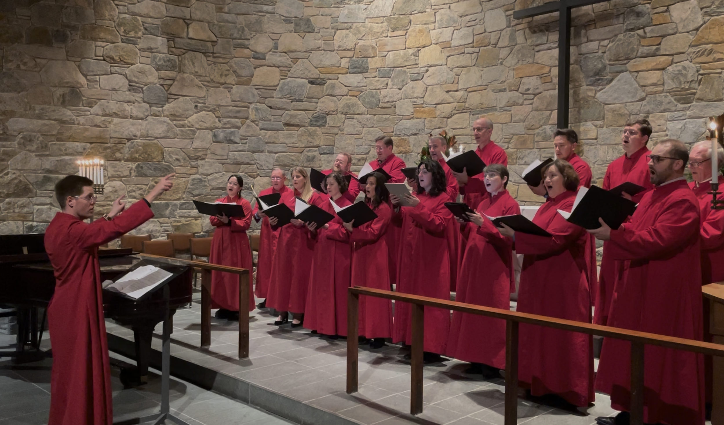 Marnus conducting the red-robed St. Barnabas Choir