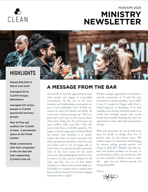Screenshot image of the first page of The Clean Life Ministry Newsletter with an image of people mingling during a nonalcoholic happy hour.