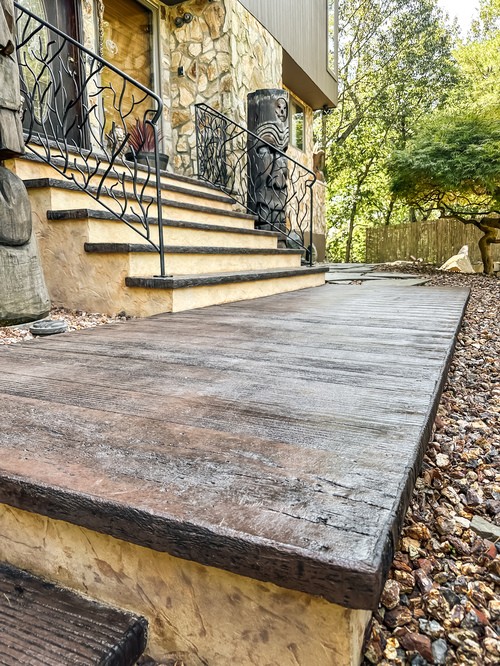 Wood look stamped concrete walkway in Montville, NJ