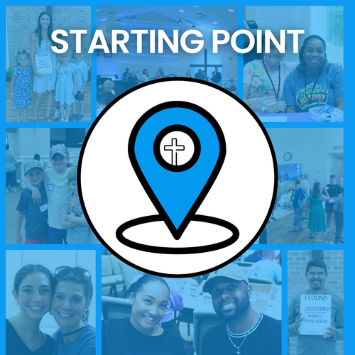 Text : Starting Point, Image: Location icon with cross in the middle pictures in a collage style background of people at The Church at Godley Station.