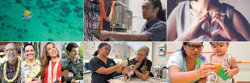canoe on ocean, man working with computer cables, woman making a heart with hands, three musical entertianers, two women examining a dog, woman working with a child