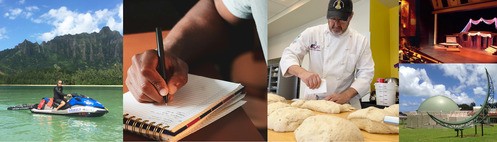 man on jet ski person writing in a notebook chef cutting bread dough theatre stage set imaginarium dome 