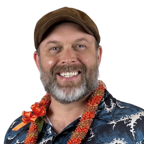 male with aloha shirt and lei