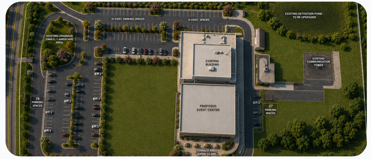 Aerial rendering of the proposed multipurpose event center alongside the existing church building