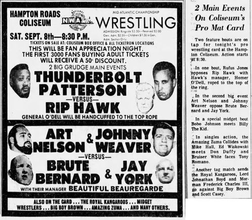 newspaper ad from 1969 advertising wrestling event