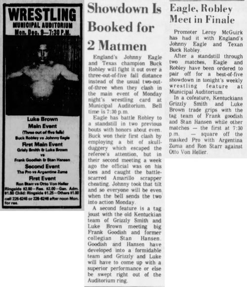 newspaper ad from 1969 advertising wrestling event