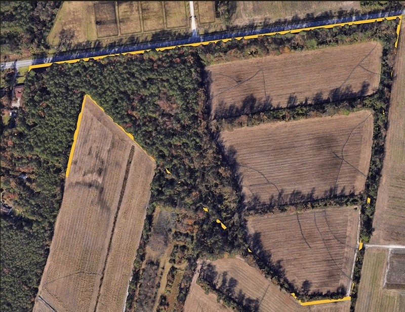 Aerial view of the 40+ acre property off Kerr Ave., with the parcel boundary outlined in yellow.