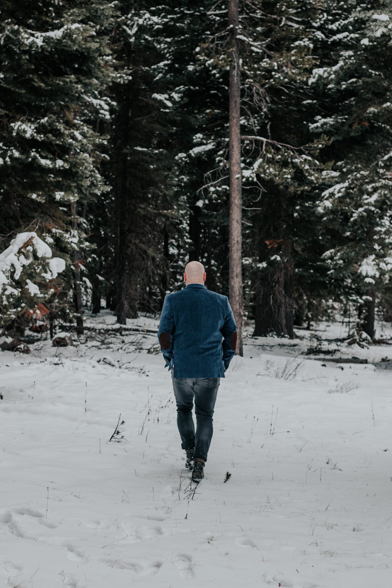 A man walking into a snowy forest