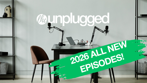 LHC Unplugged Podcast cover image with microphones and tag line