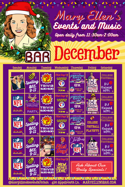 December events and music calendar at mary ellen's