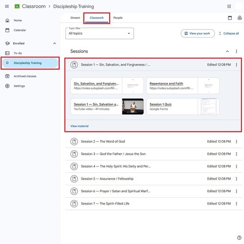 A screenshot of the Discpleship Course content on Google Classroom