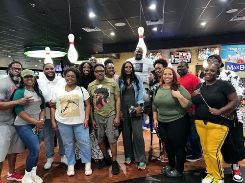Marriage bowling night group photo