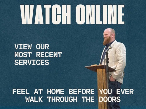Pastor Josh preaching at First Southern Baptist Church in Pomeroy, OH. Text overlay: 'Watch Online&mdash;View our most recent services and feel at home before you ever walk through the doors.