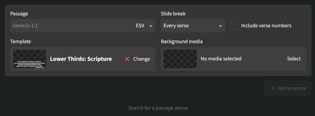 Scripture tab: passage, translation, slide break