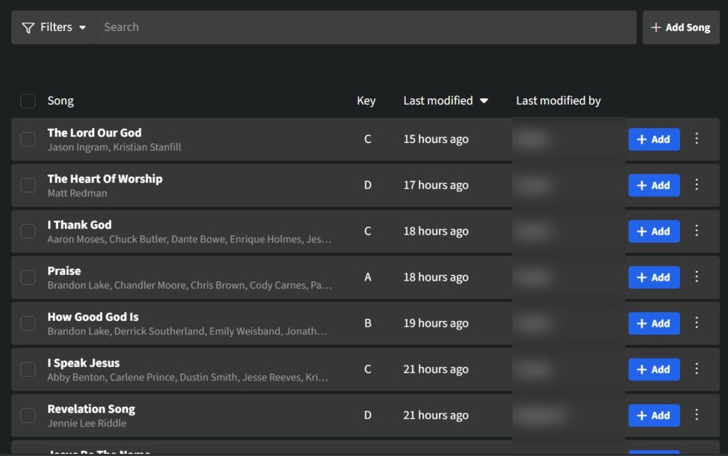 The Songs tab with blue Add buttons