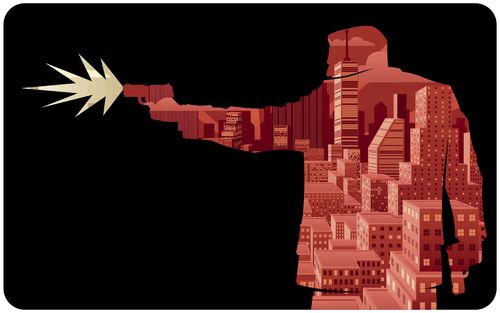 Abstract illustration of man shooting with pistol.