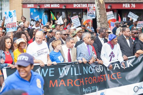 New York, USA - August 23, 2014: Thousands march in Staten Island to protest Eric Garner's death by NYPD cops.