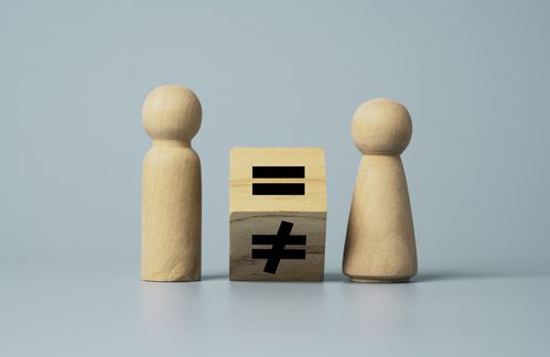 Flipping of unequal to equal sign between man and woman wooden figure. Human and business right concept.