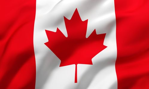 Flag of Canada blowing in the wind. Full page Canadian flying flag. 3D illustration.
