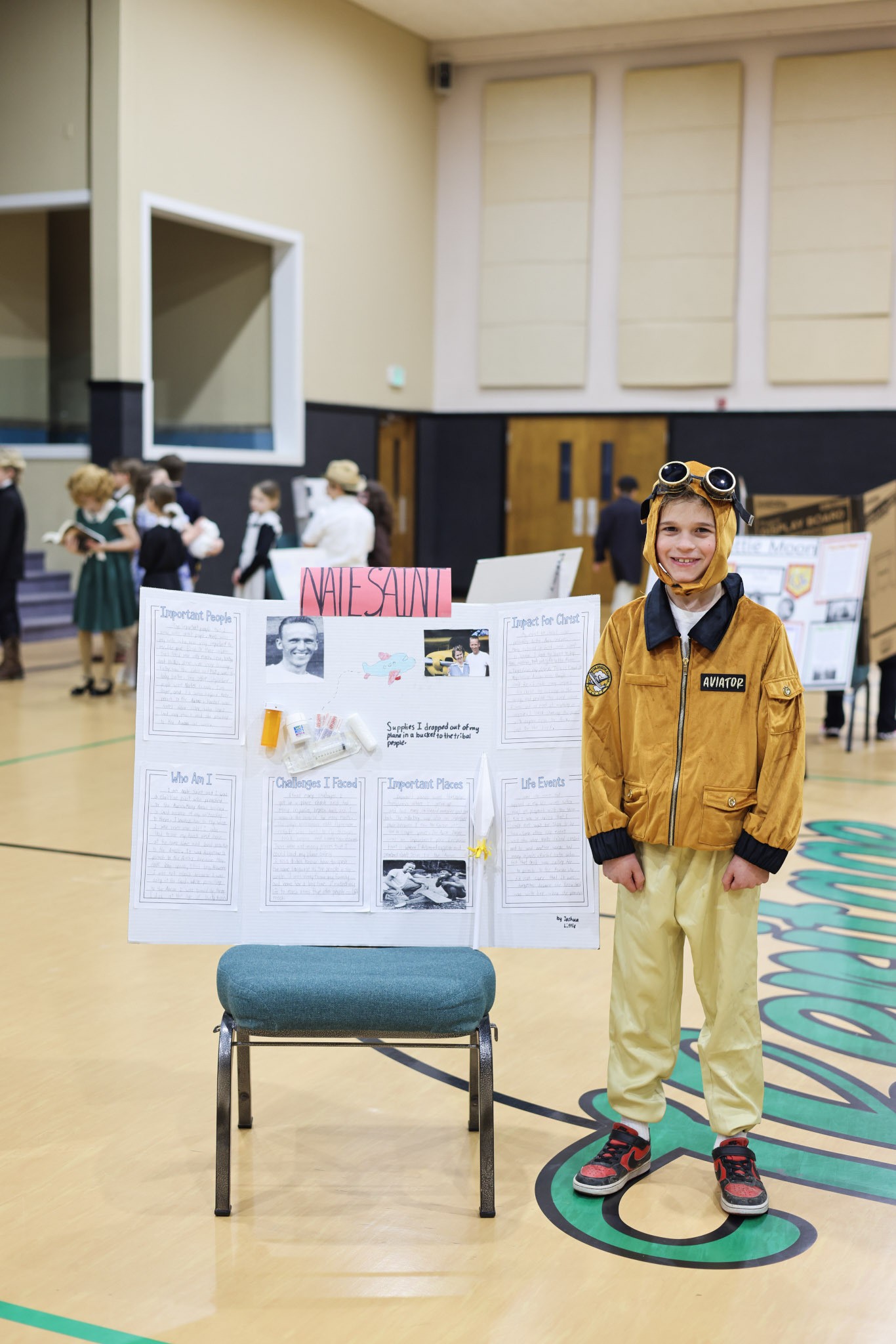 Third-grade student dressed as an aviator for the living wax museum biography presentation