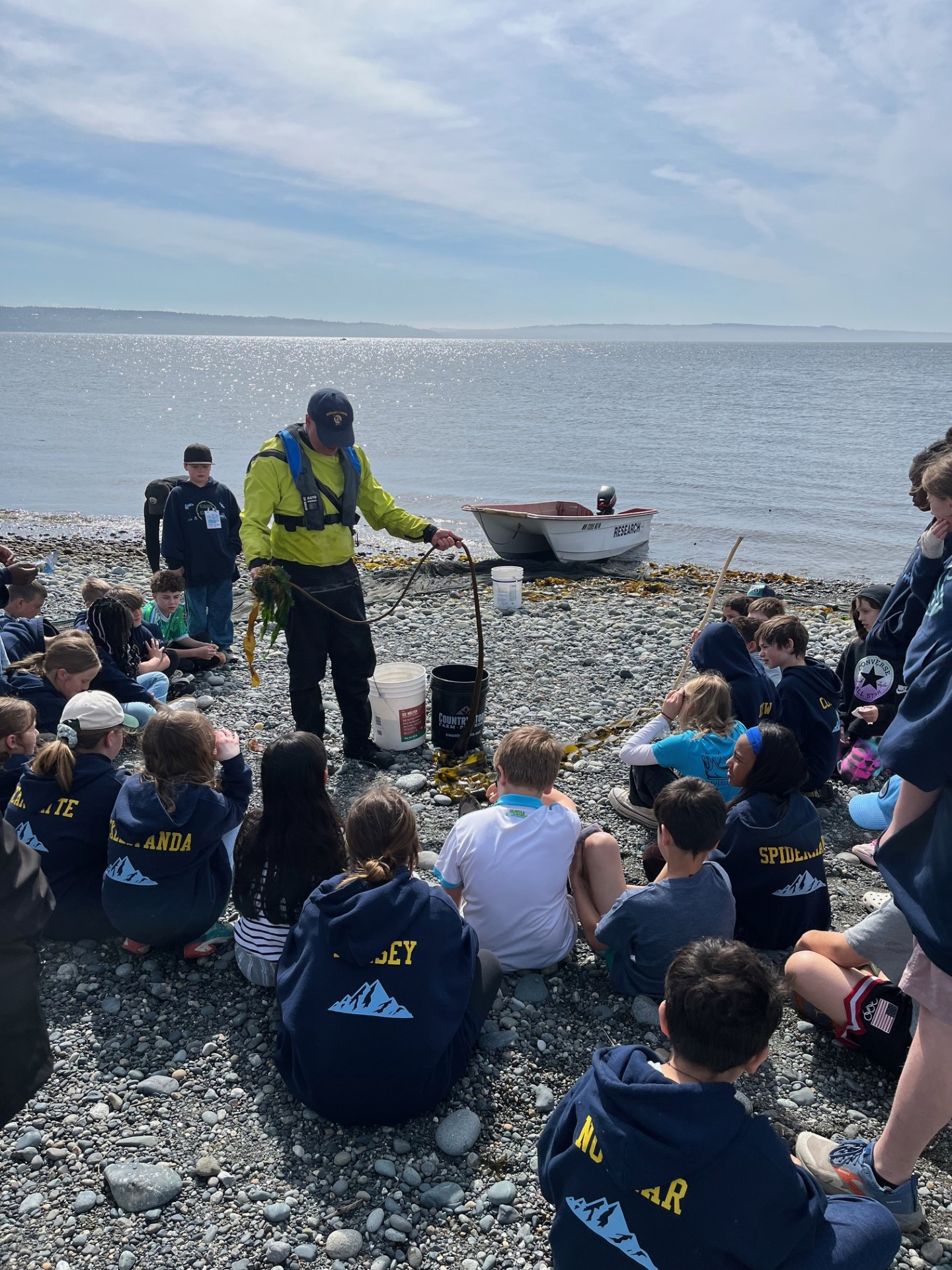 Fifth-grade students learning about marine life on the shoreline at Camp Casey