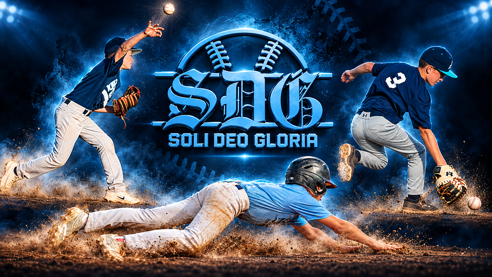 SDG Baseball action montage with pitching, fielding, and diving players and the 3D SDG Soli Deo Gloria logo