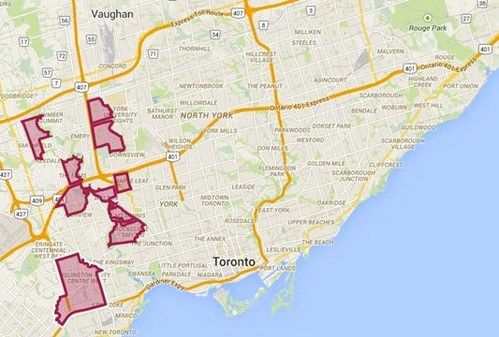 Map of the Greater Toronto Area highlighting areas of Somali presence in red.