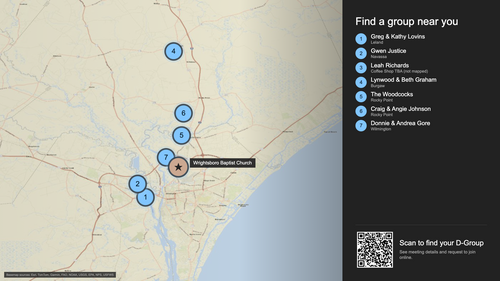 Regional D-Group overview showing WBC and six host locations. Leah Richards coffee shop is TBA and is not mapped. Confirm meeting directions with your host.