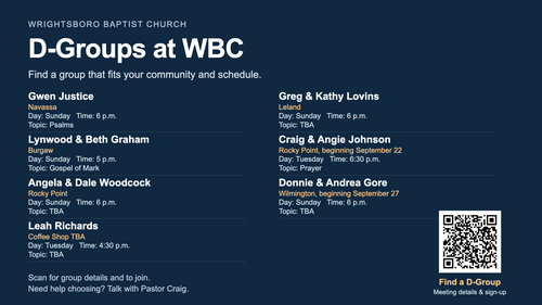 WBC D-Groups, September through November 2026: host communities, schedules and topics; Leah meets at a coffee shop to be announced.