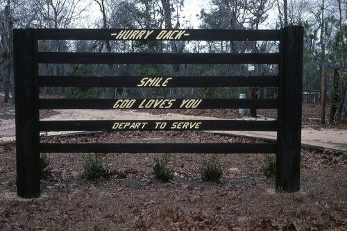 Exit sign at Camp, perhaps original.