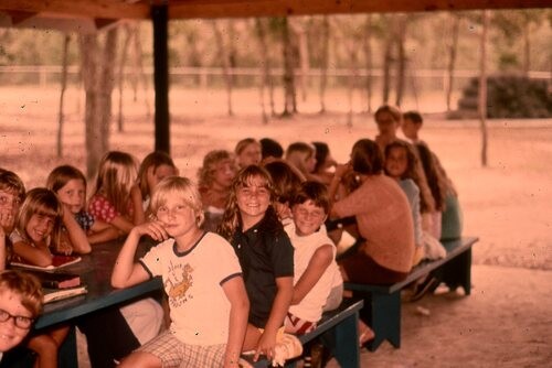 Old photo of children at picnic table.