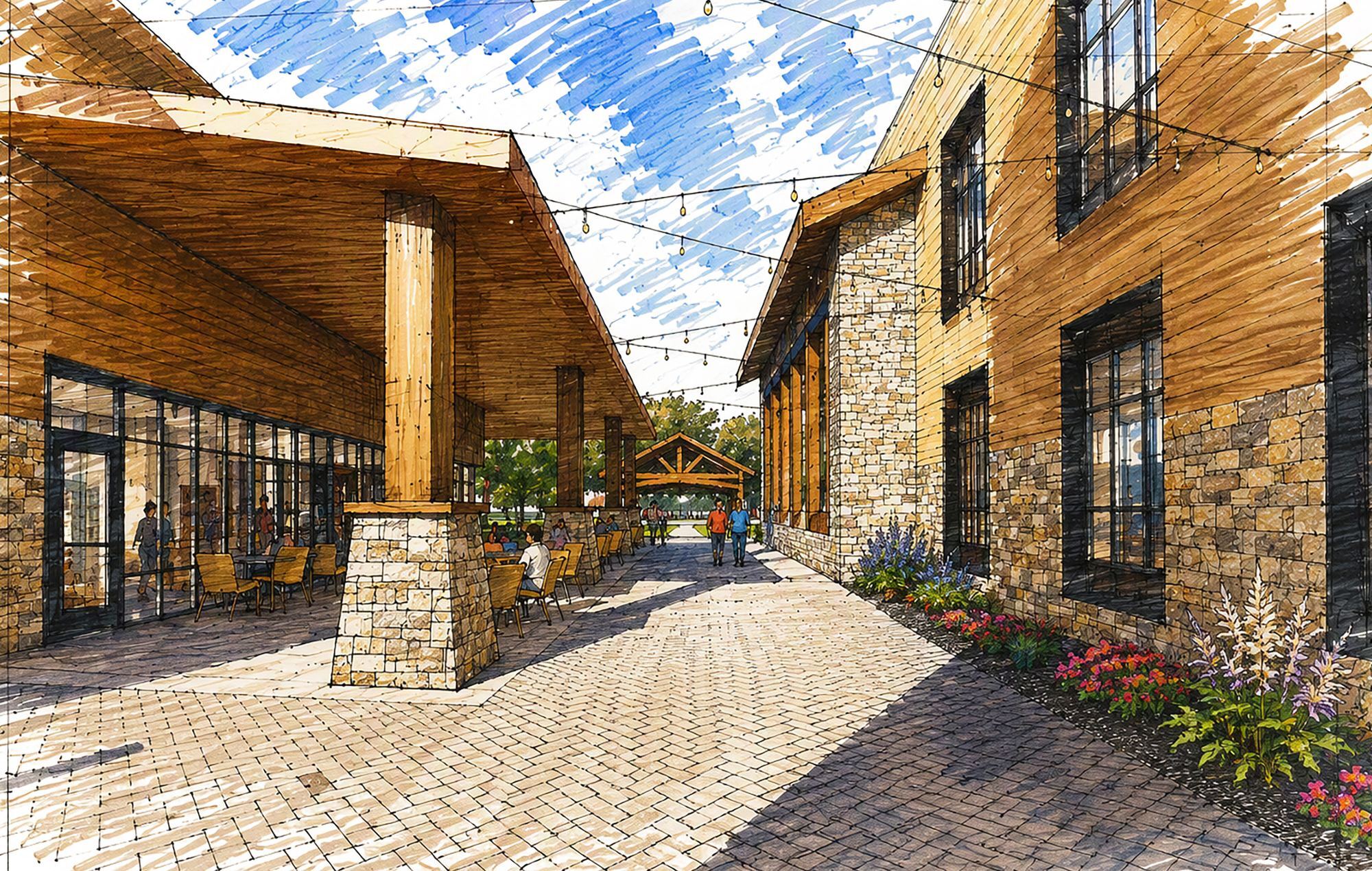 Rendering of the covered alleyway between buildings