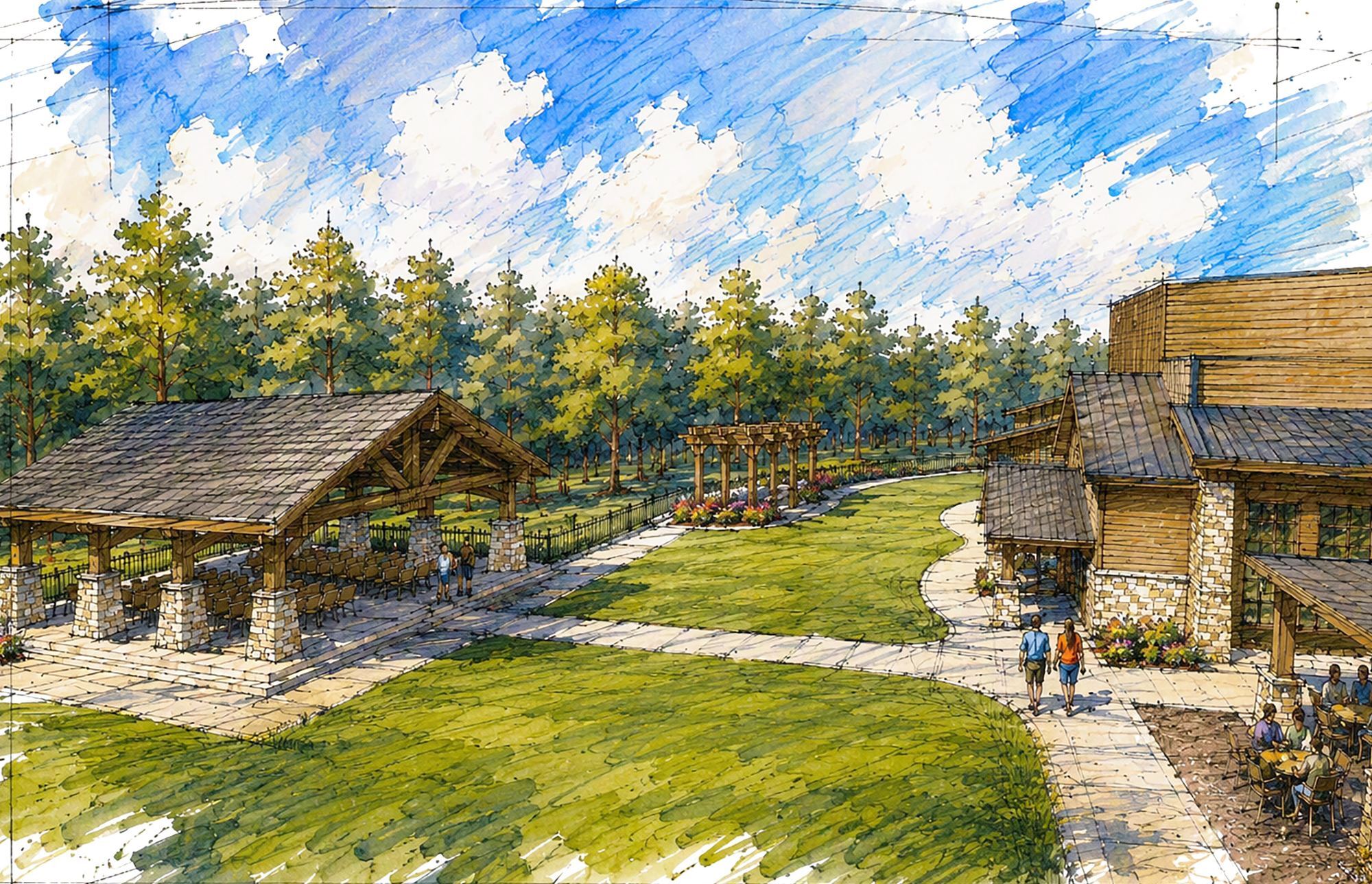 Rendering of the backyard lawn and pavilion