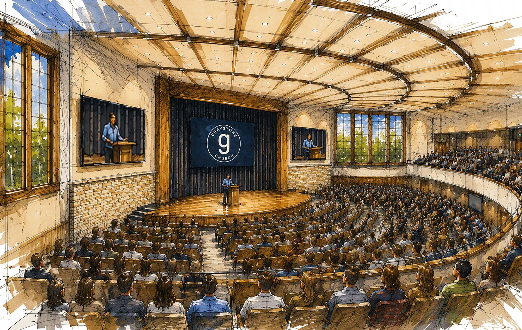 Rendering of the sanctuary during a service
