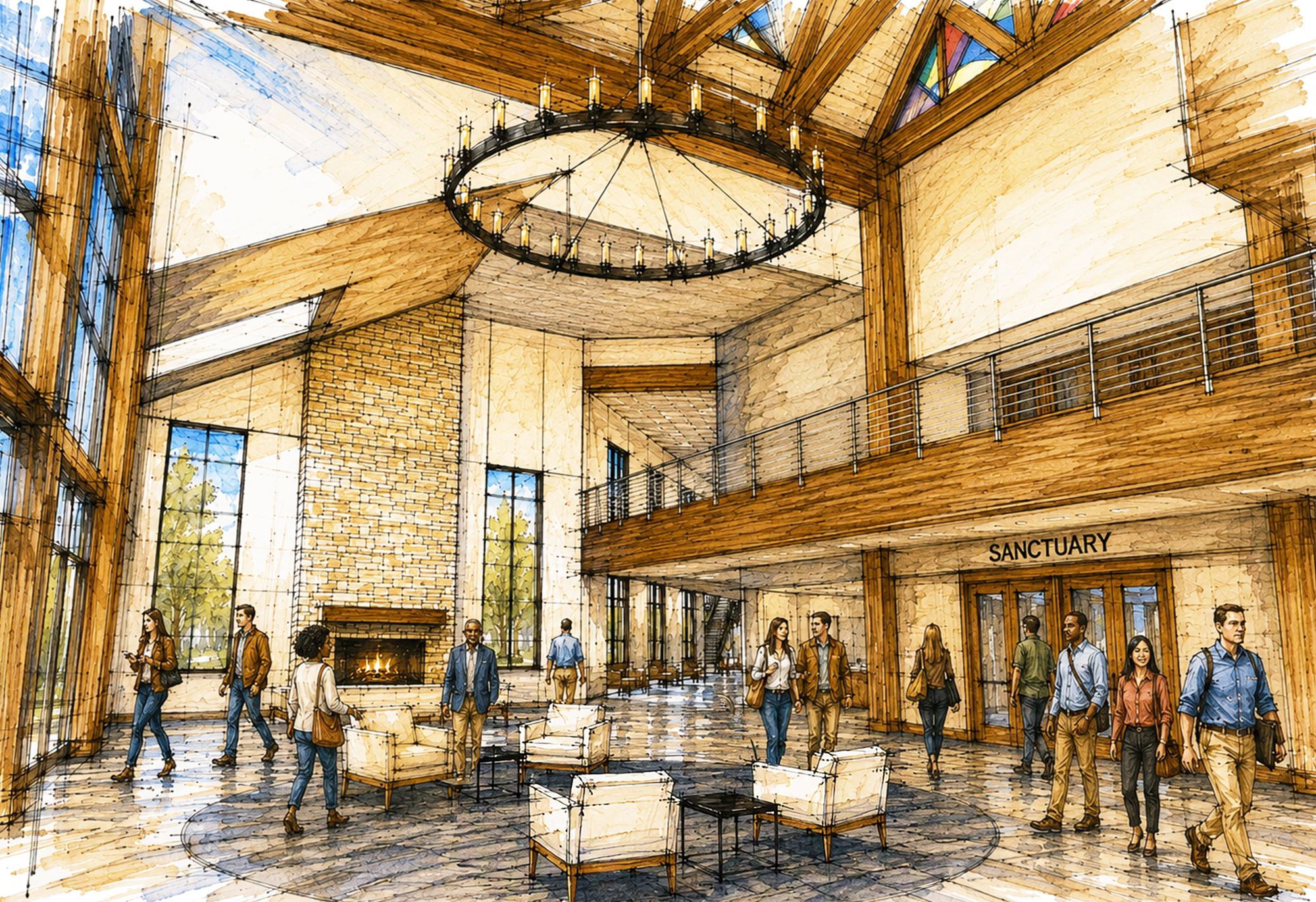 Rendering of the lobby with a stone fireplace and timber ceiling