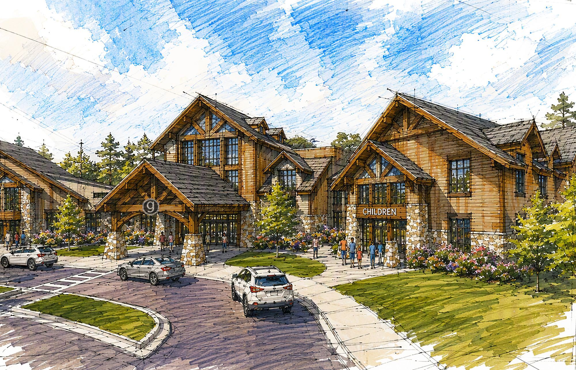 Rendering of the Worship Center entrance and Children's wing