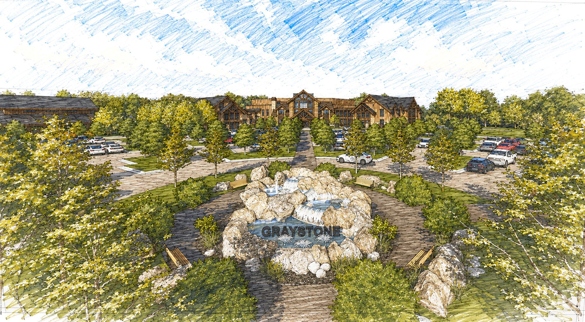 Rendering of the Graystone water feature at the center of the parking circle